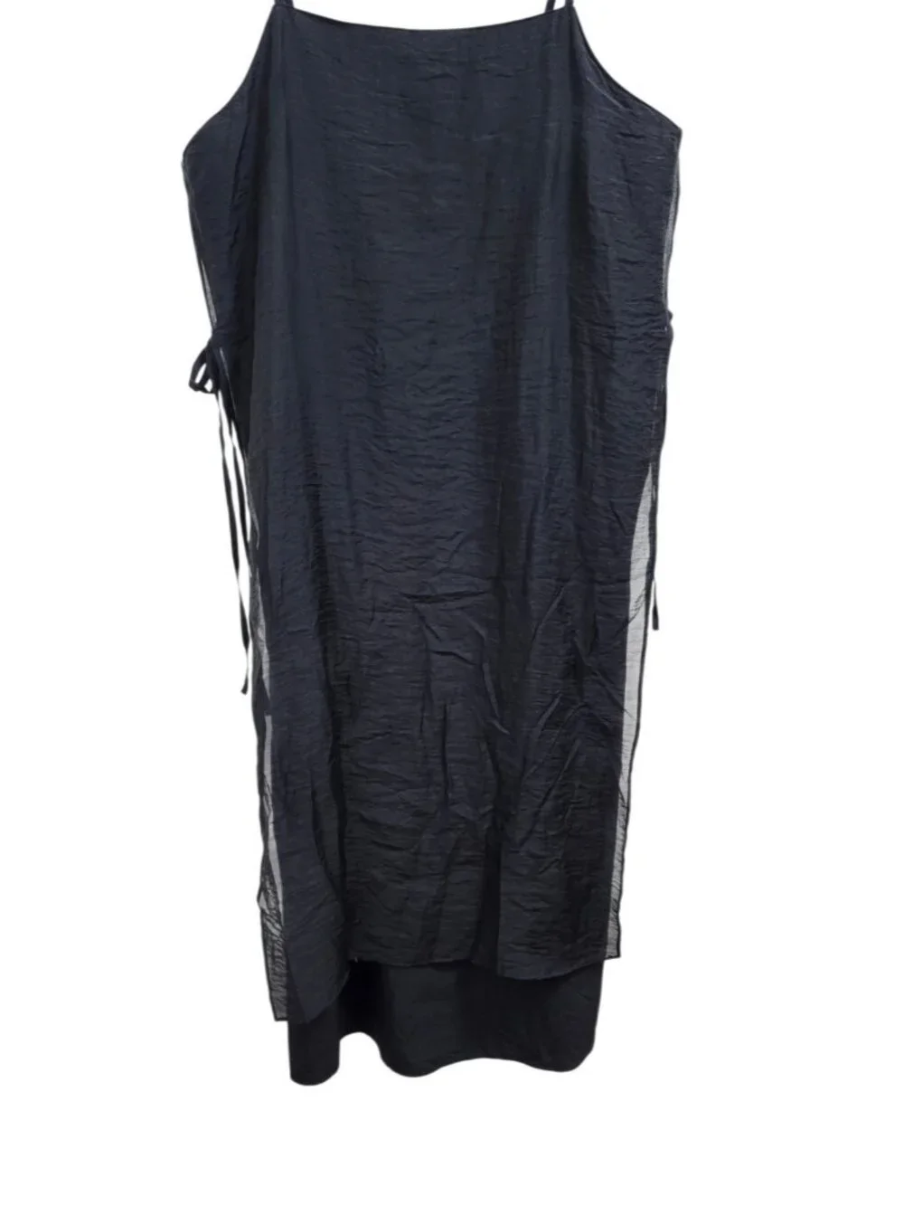 Monmouth Black Sheer Layered Midi Dress Side Tie Spaghetti Strap Minimalist S - Picture 3 of 9